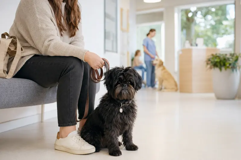 Ein ruhiger Affenpinscher Hund sitzt neben seinem Besitzer in einem modernen Tierarztwartezimmer.